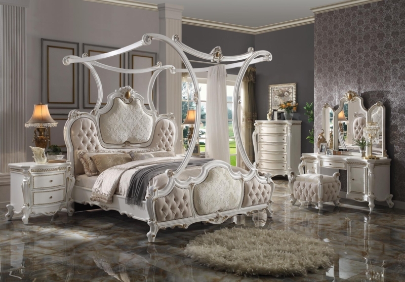 Rococo Canopy Bed Frame Antique Pearl Finish with Arched Top