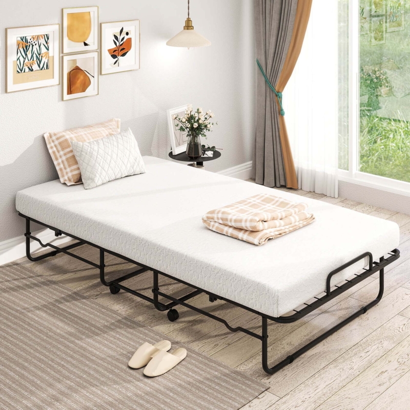 Rollaway Bed, Matte Folding Frame, Locking Casters, Twin Size.