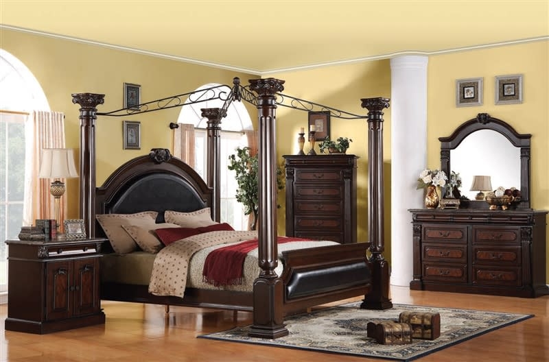 Roman Style Canopy Bed: Towering Carved Posts, Two-Tone Cherry Finish