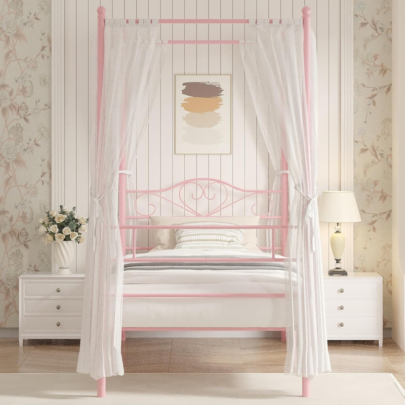 Romantic Pink Metal Canopy Bed with Heart Scrollwork and Sheer Drapes