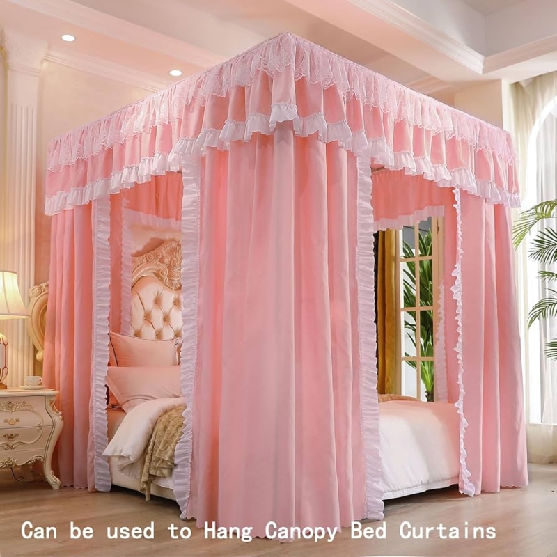 Romantic Ruffled Bed Canopy with Pink Drapes and Lace Trim