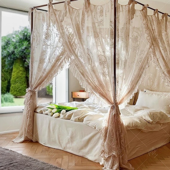 Romantic Sheer Bed Canopy Curtains featuring Floral Embroidery