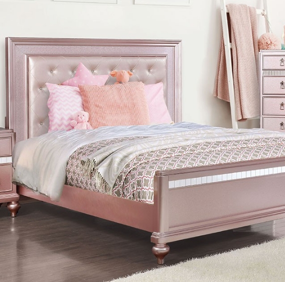 Rose Gold Bed Frame with Mirrored Trim and Button Tufted Details