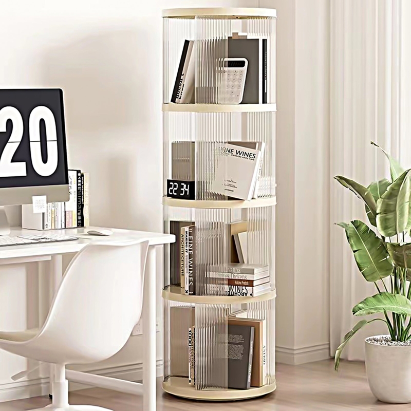 Rotating Bookcase 4 Tier Cream Fluted Translucent Panels
