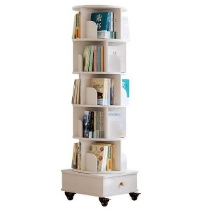 Rotating Bookshelf 6-Tier White Tower with Drawer and Wheels