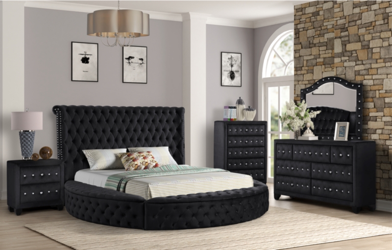 Round Base King Bed Set Glam Black Upholstered Tufting Mirrored Accents