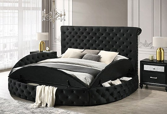 Round Bed Upholstered Hinged Storage Compartments Diamond Tufted Glam