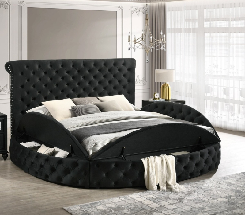 Round Bed Velvet Diamond Tufted Perimeter Storage Glam
