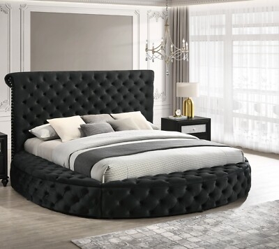 Round Bed Velvet Wingback Headboard Diamond Tufting Glamorous Luxury
