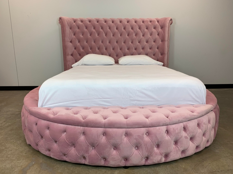 Round Bed Wingback Headboard Blush Pink Velvet Glam Storage Frame