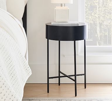 Round Metal Nightstand, Cylindrical Top, X-Base Legs, Matte Finish