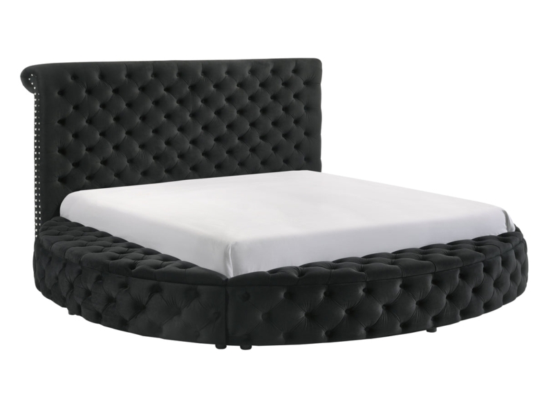 Round Upholstered Bed Velvet Button Tufting Nailhead Trim Glamorous