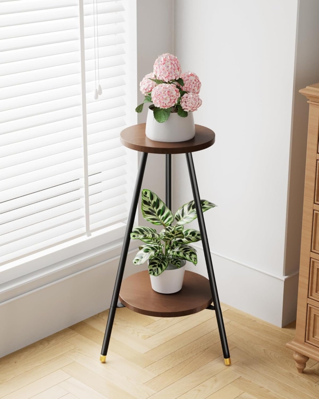 Round Wood Plant Stand Gold Tipped Feet Tripod Base Dark Walnut