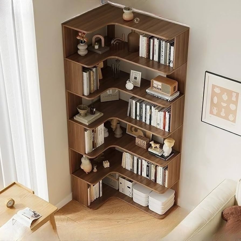 Rounded Edge L-shaped Corner Bookcase Dark Walnut Modern
