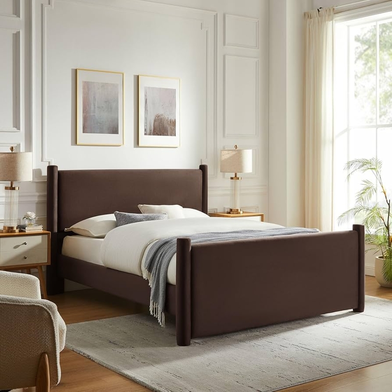Rounded Post Platform Bed, Chocolate Brown Velvet, Transitional Style