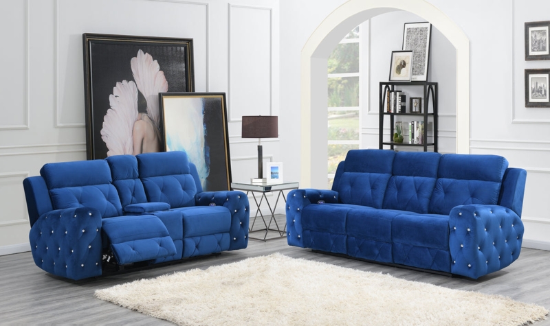 Royal Blue Velvet Power Reclining Sofa Set with Crystal Button Tufting