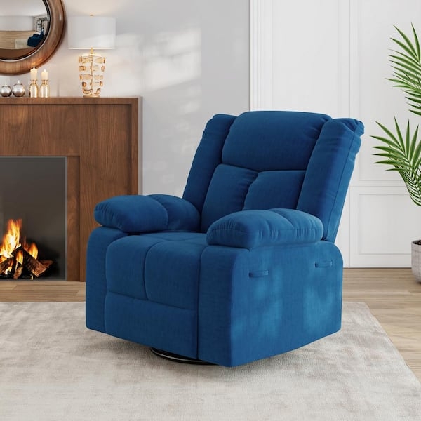 Royal Blue Velvet Swivel Glider Recliner with Overstuffed Silhouette