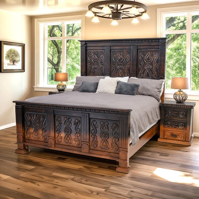Rustic Carved Wood Bed with Intricate Scrollwork & Dark Finish