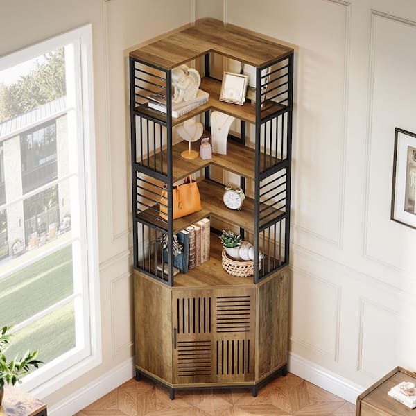 Rustic Corner Bookcase 7-Tier with Slatted Bottom Cabinet