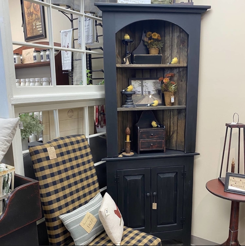 Rustic Corner Hutch with Arched Open Top and Planked Interior