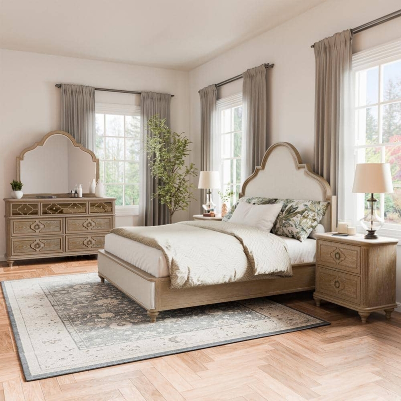 Rustic Farmhouse Bedroom Set Distressed Oak Plank Headboard Block Legs