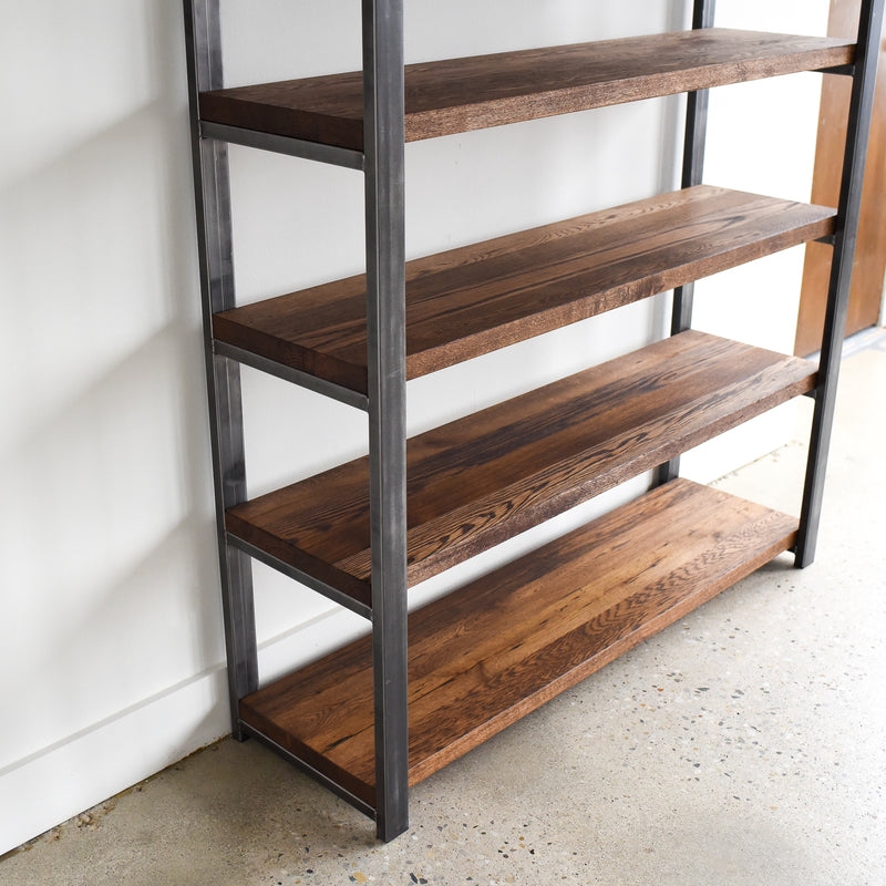 Rustic Farmhouse Bookshelf with Thick Wood Slabs and Metal Frame