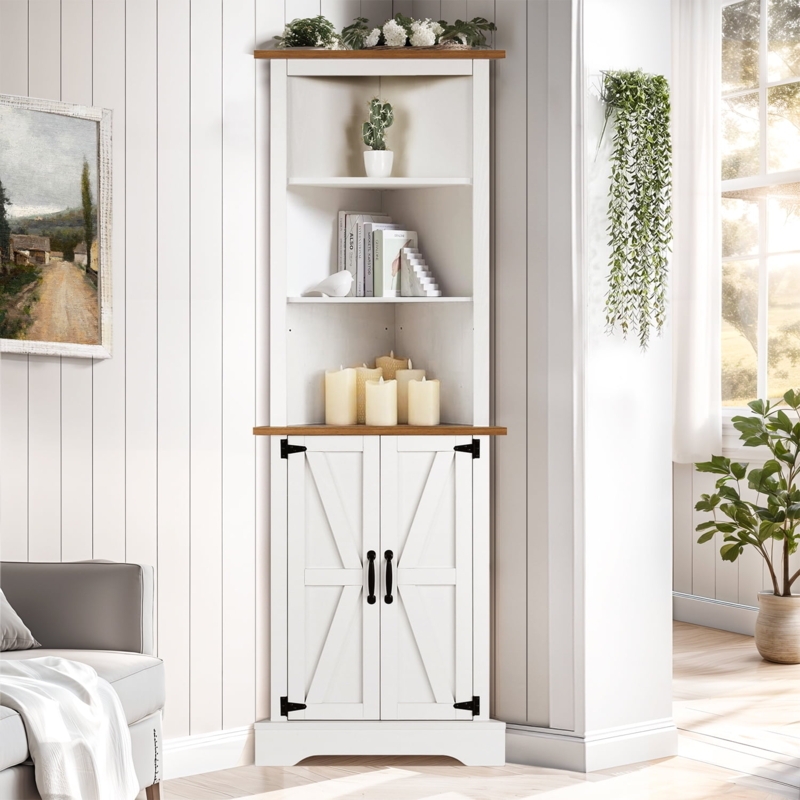 Rustic Farmhouse Corner Cabinet with X-Brace Doors and Wood Top