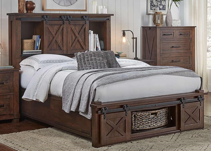 Rustic Farmhouse Storage Bed with Sliding Barn Doors and X-Brace Detail