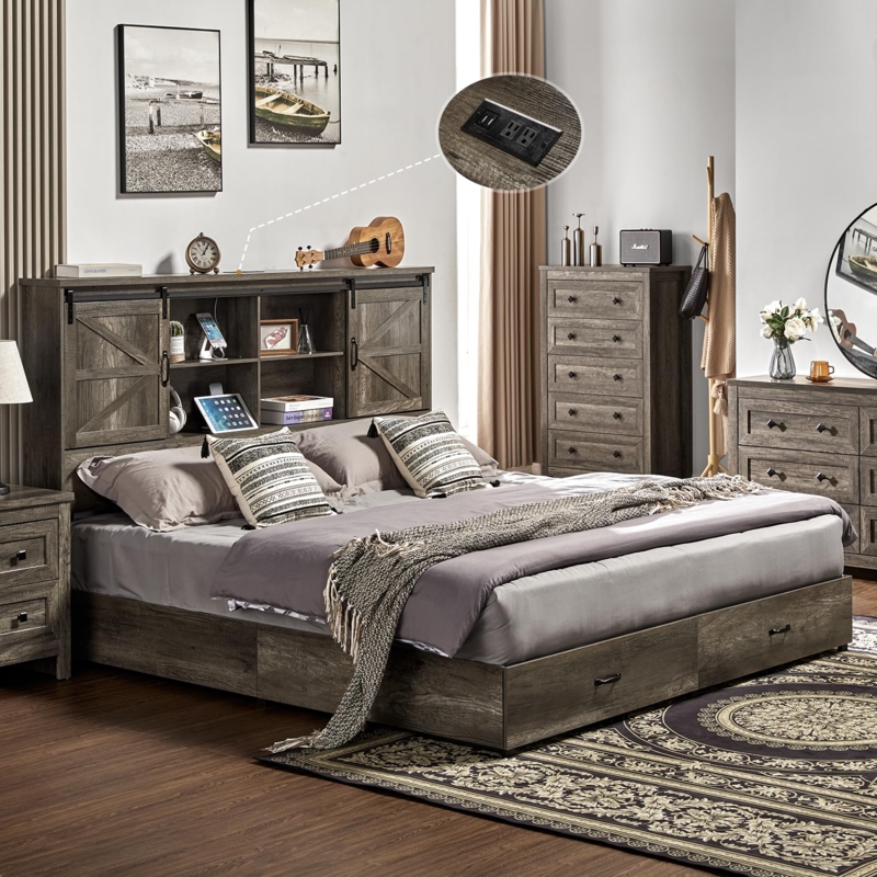 Rustic Grey Platform Bed with Sliding Barn Door Headboard