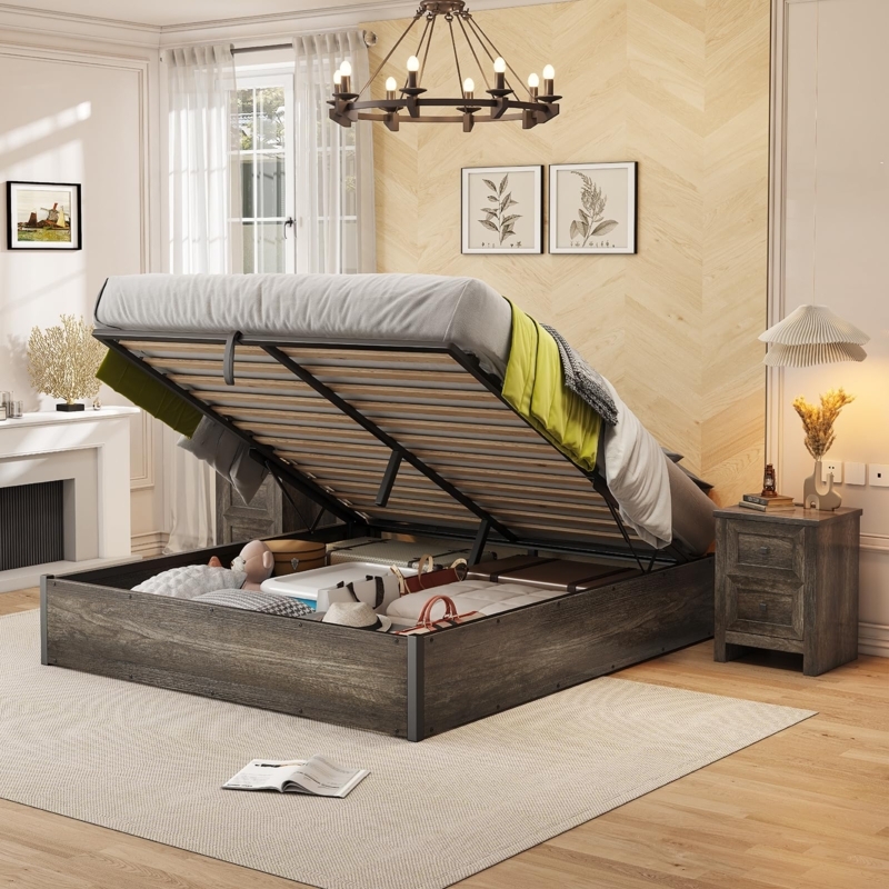 Rustic Grey Storage Bed Lift Up Platform Frame No Headboard