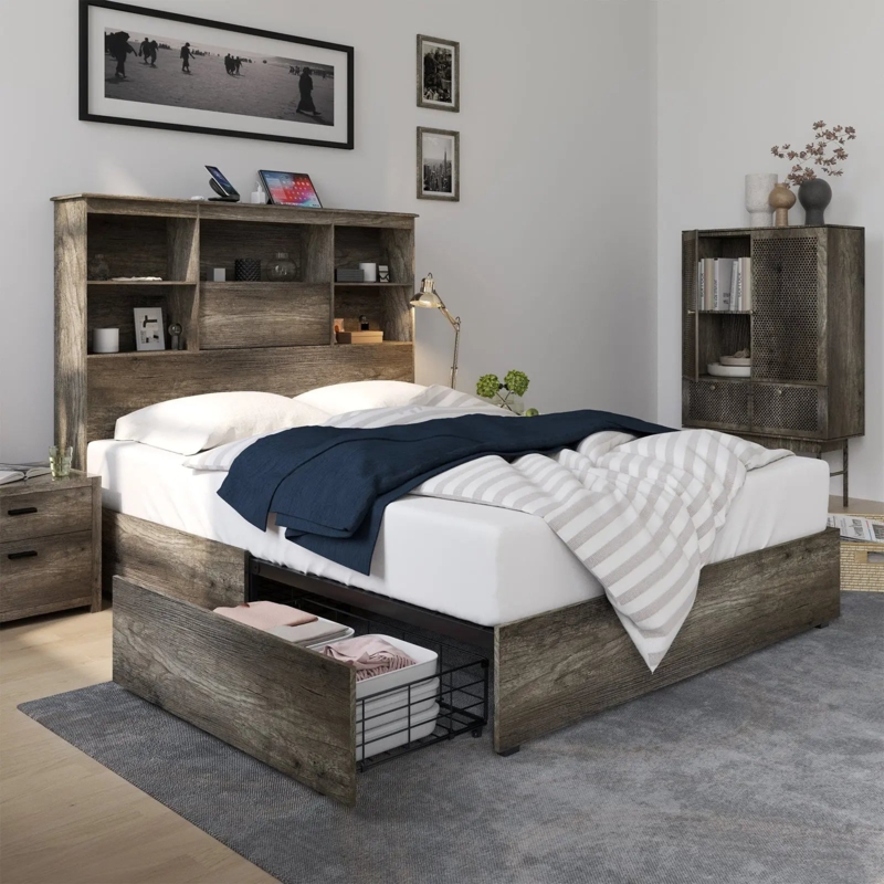 Rustic Grey Storage Bed with Bookcase Headboard and Wire Drawers