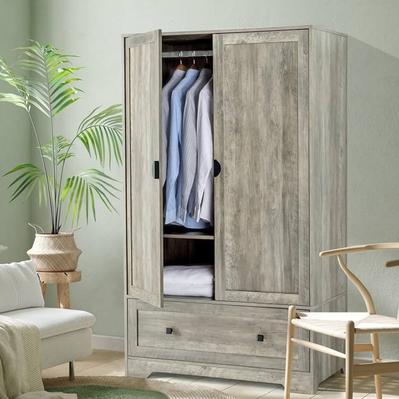 Rustic Grey Wardrobe, Wide Profile, Modern Farmhouse Armoire.