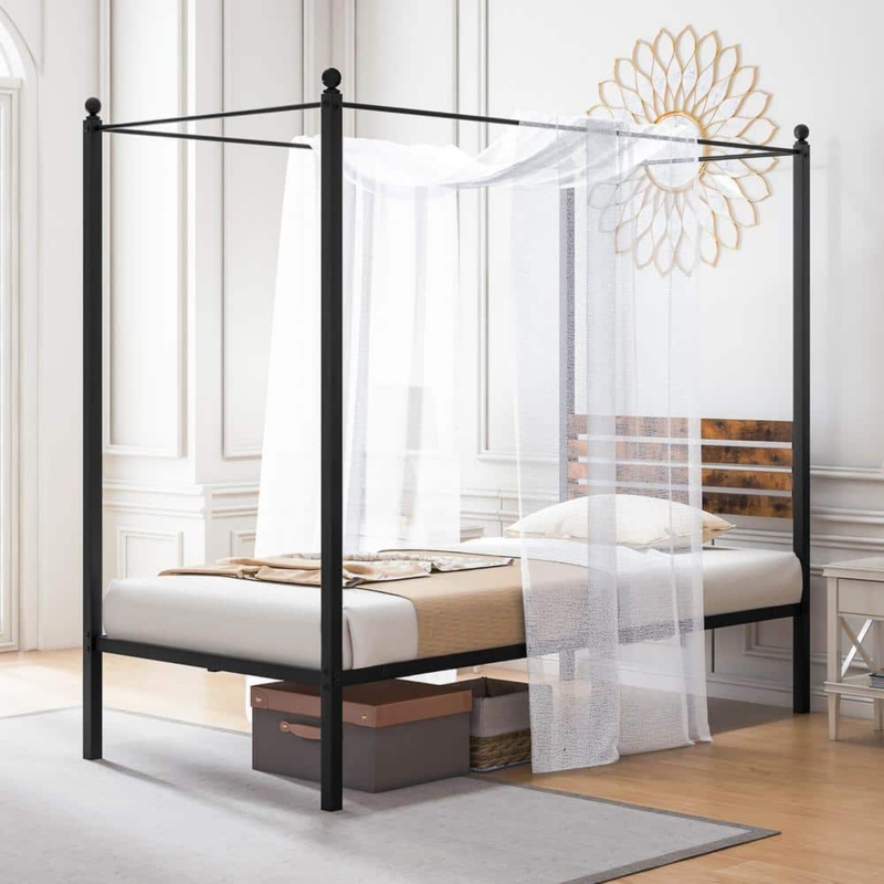 Rustic Industrial Canopy Bed Metal Wood Headboard Ball Finials (71 characters)