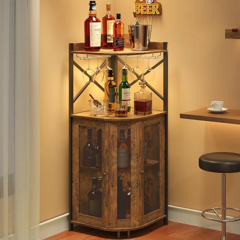 Rustic Industrial Corner Bar Cabinet with LED Lighting and Mesh Doors