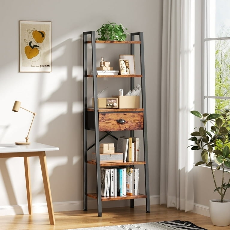 Rustic Industrial Ladder Bookshelf with Central Drawer Metal Frame