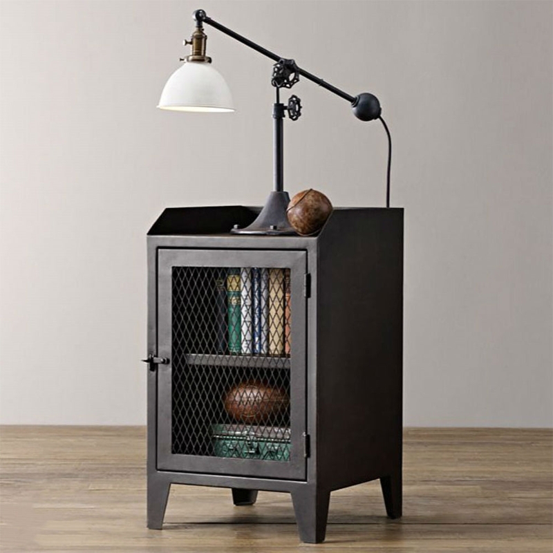 Rustic Industrial Nightstand, Mesh Door, Metal Frame, Tapered Legs