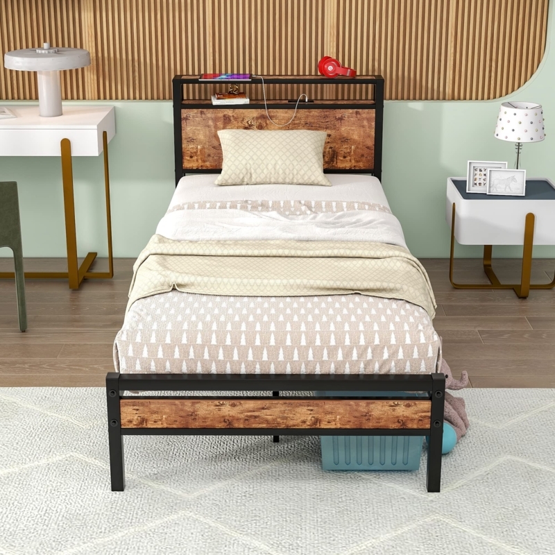 Rustic Industrial Platform Bed with Storage Headboard and USB Port