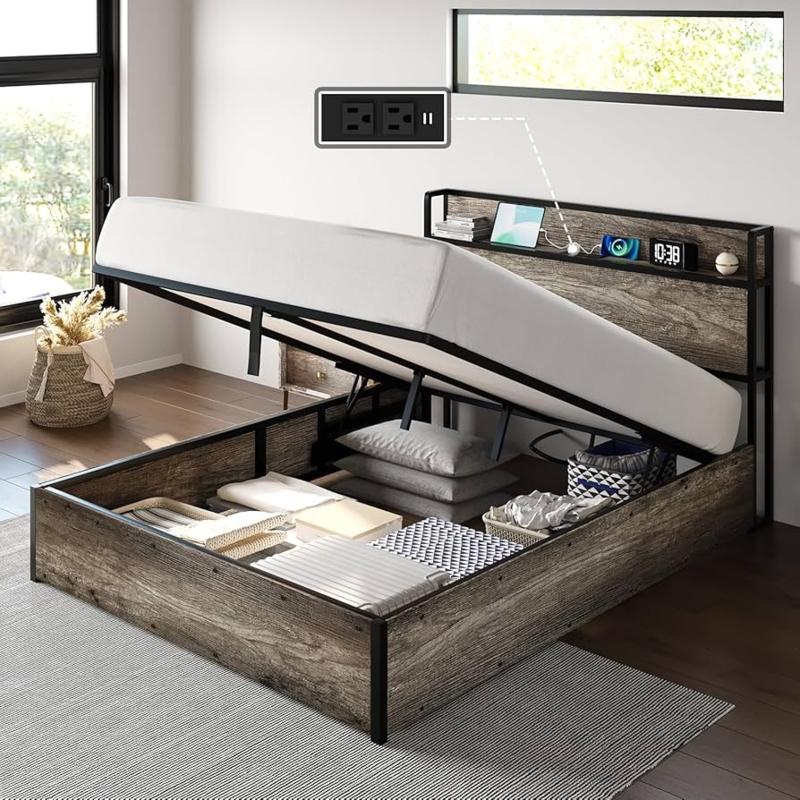 Rustic Industrial Storage Bed Built-In Headboard Charging Station