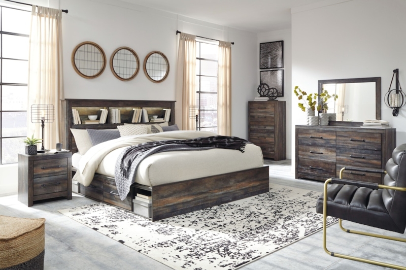 Rustic Industrial Storage Bed with Multi-Tonal Wood Finish