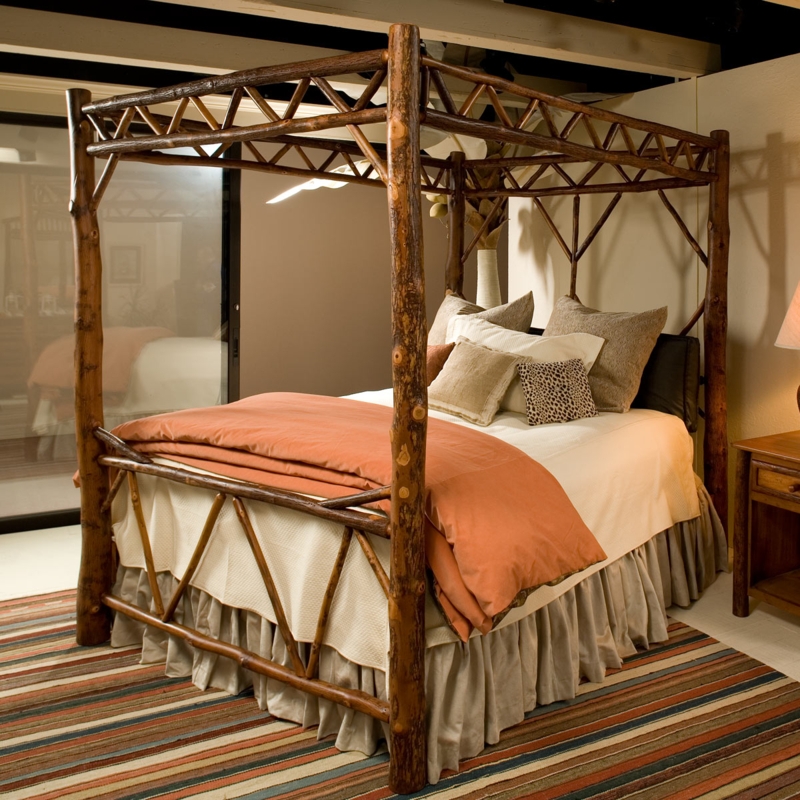 Rustic Log Canopy Bed featuring Handcrafted Branch Canopy