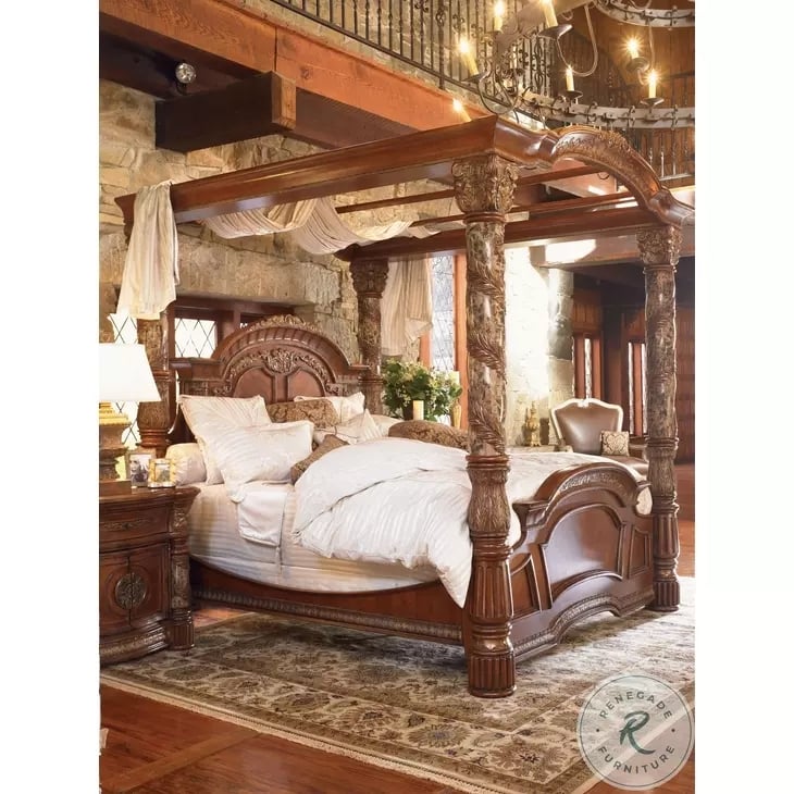 Rustic Luxury Canopy Bed with Marbled Pillars and Arched Crown