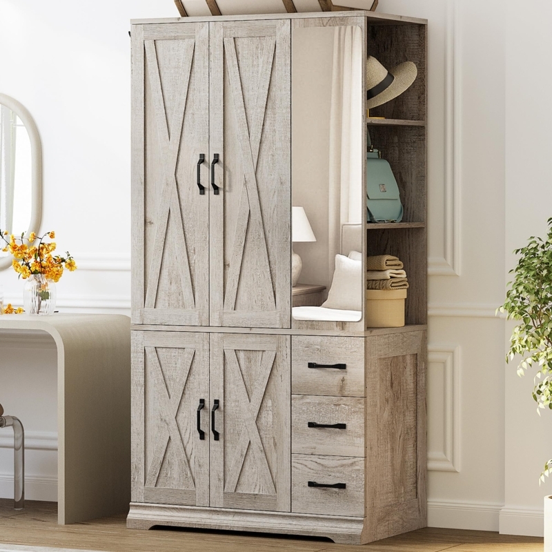 Rustic Maple Armoire X-Braced Doors Barn Door Style Wardrobe