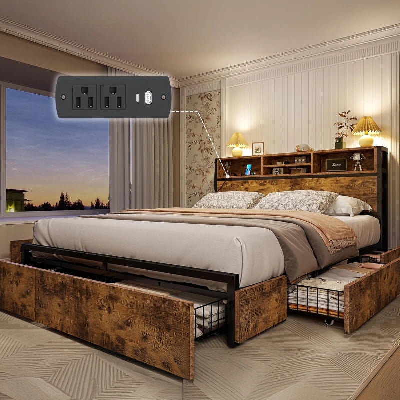 Rustic Metal Bed Frame with Wire Mesh Drawers and Shelf Headboard