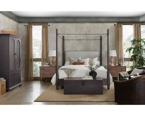 Rustic Modern Canopy Bedroom Set in Charcoal with Upholstered Headboard
