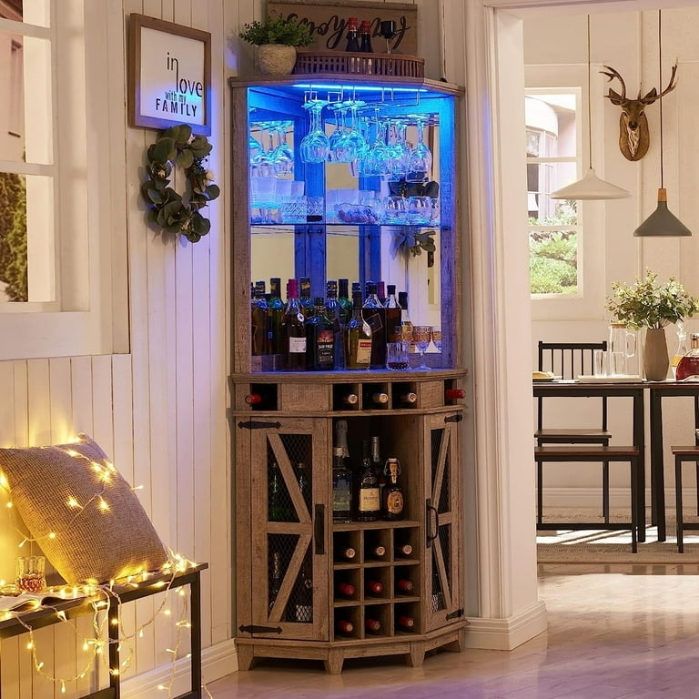 Rustic Oak Farmhouse Corner Bar Cabinet with Blue LED Lighting