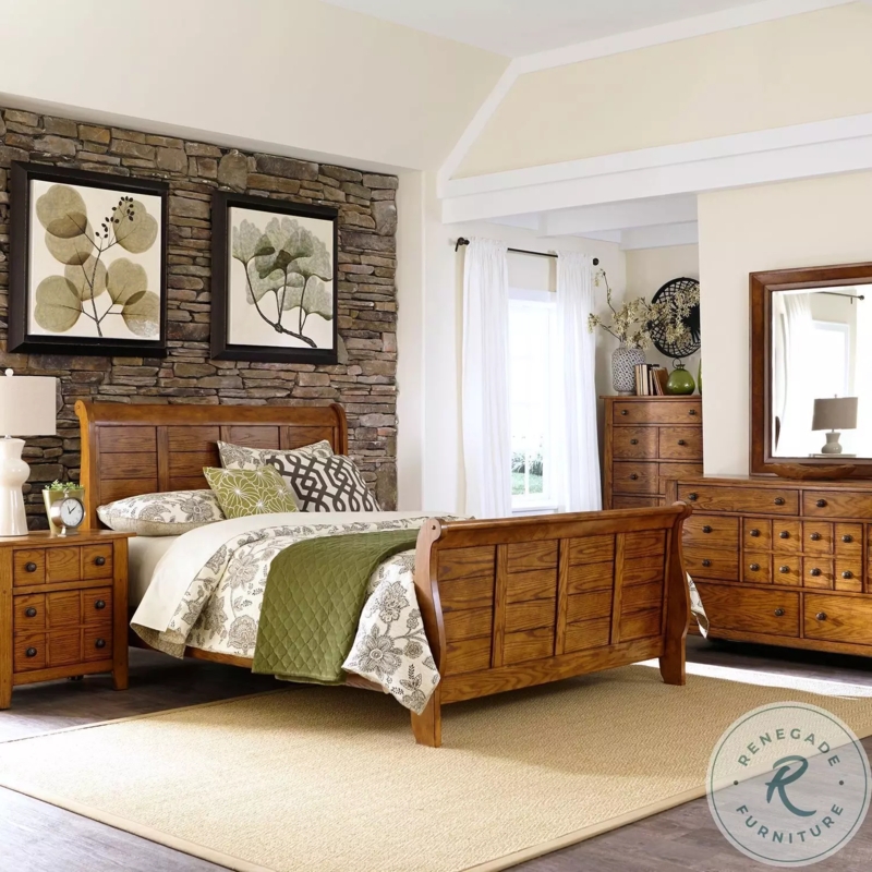 Rustic Oak Sleigh Bed Set with Paneled Wood Headboard