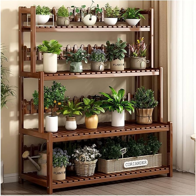 Rustic Plant Stand Picket Fence Back Slatted Wood Shelves
