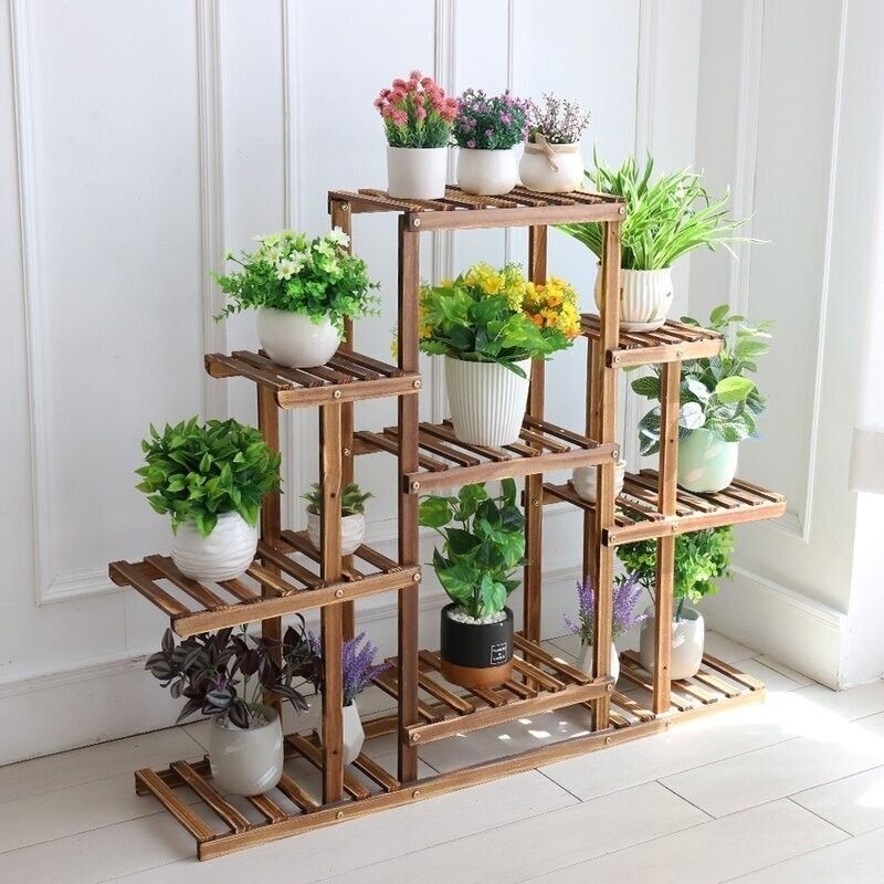 Rustic Plant Stand Stepped Silhouette Slatted Wood Tiers