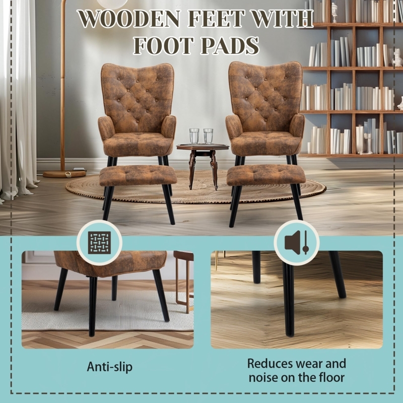 Rustic Reading Chair Set Brown Microfiber Button Tufted Wingback
