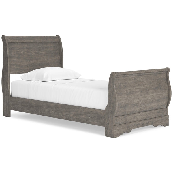 Rustic Sleigh Bed Weathered Grey Finish Scalloped Apron Scrolled